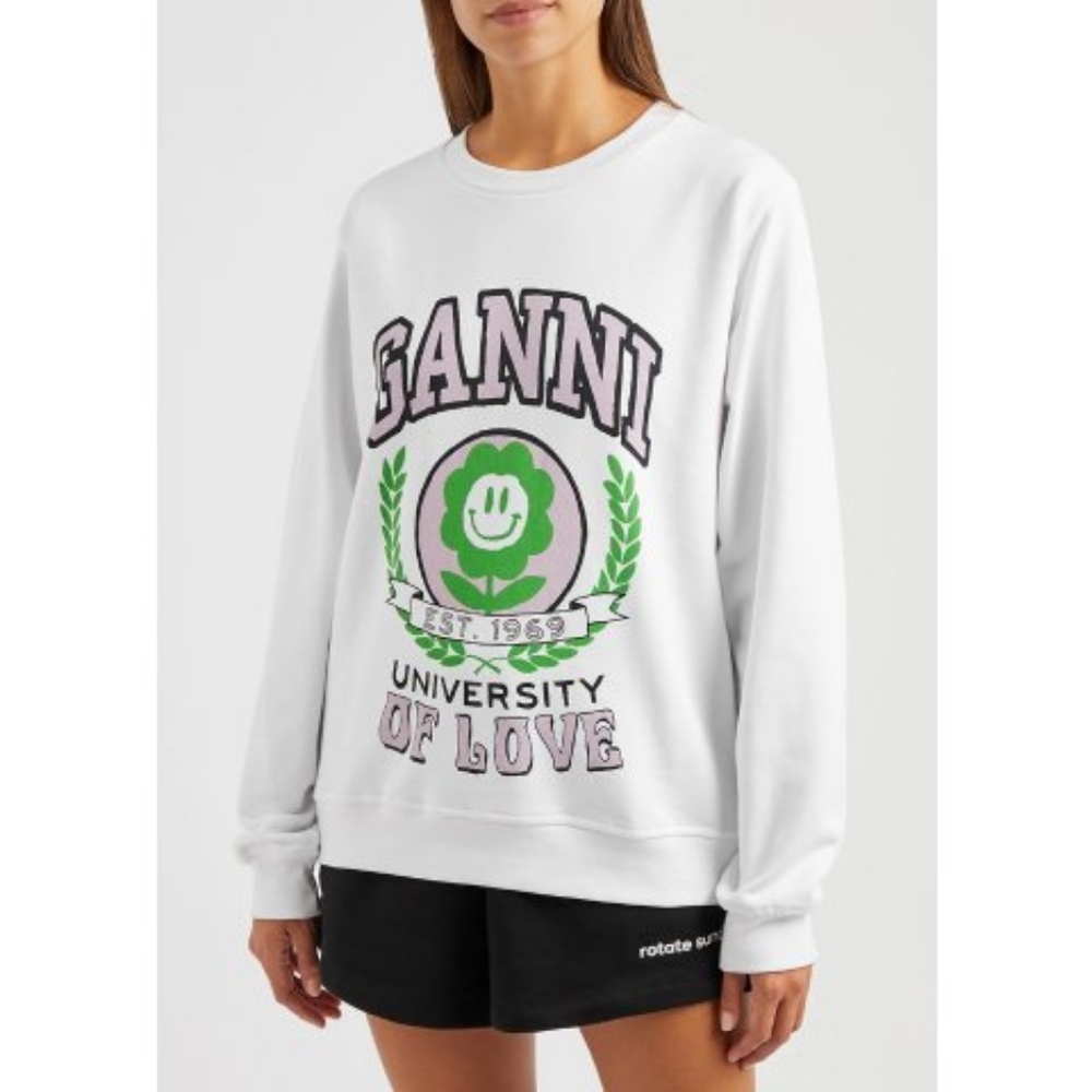 Ganni University of Love Print Fleece White Organic Cotton Sweatshirt Size S